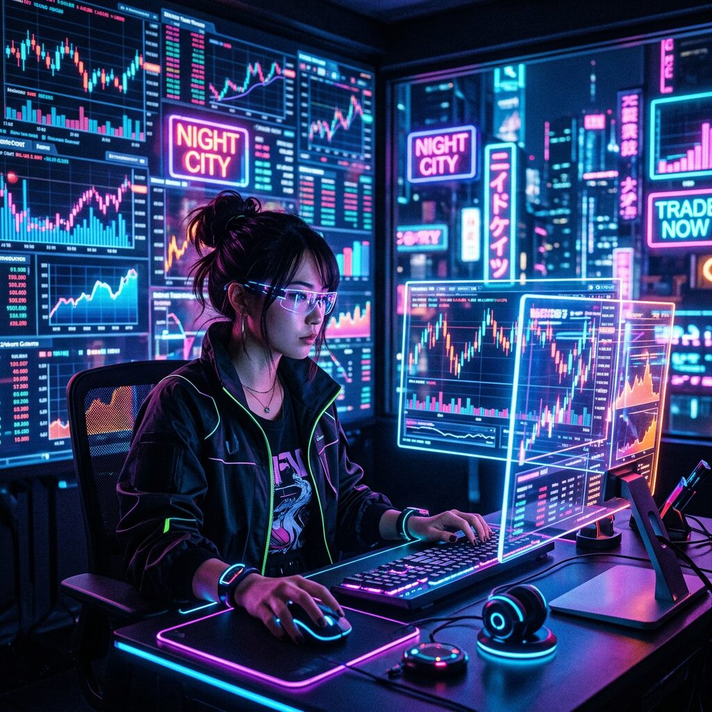 Woman using transparent monitors displaying stock market charts and graphs in a neon-lit room