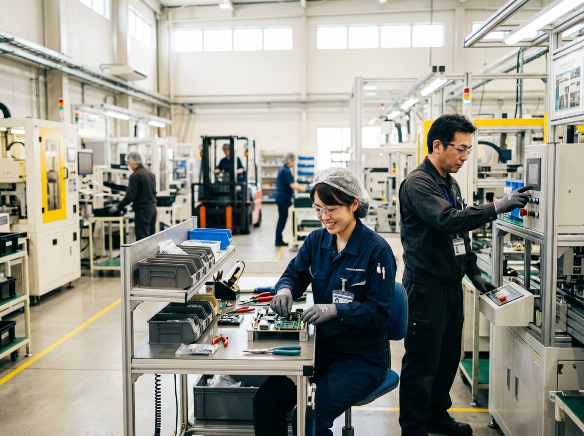 Factory workers assembling electronic components and operating machines in a manufacturing facility